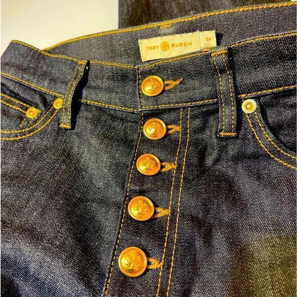 Tory BURCH High Waisted Button Fly Crop Jeans Size 24 Like New Gold Hardware - Picture 6 of 13